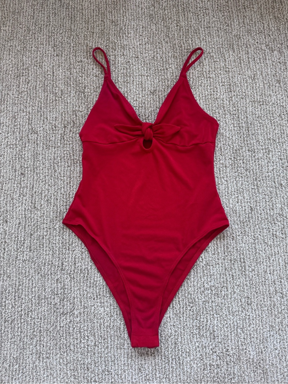Divided Cherry Red Knot-Detail Bodysuit